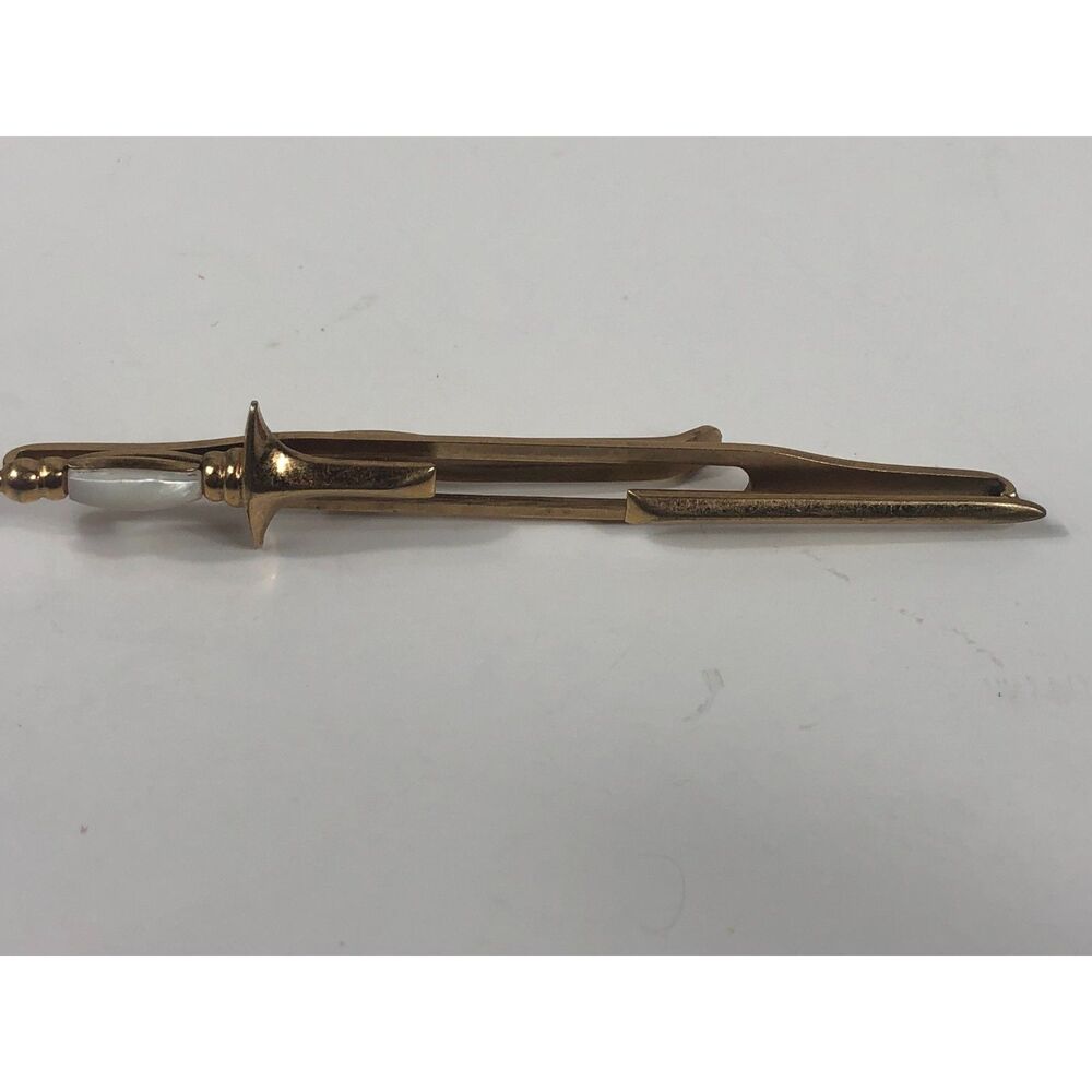 Vintage SWANK Sword Dagger Tie Clip Bar Gold Tone Mother of Pearl Handle Unique - Picture 3 of 9
